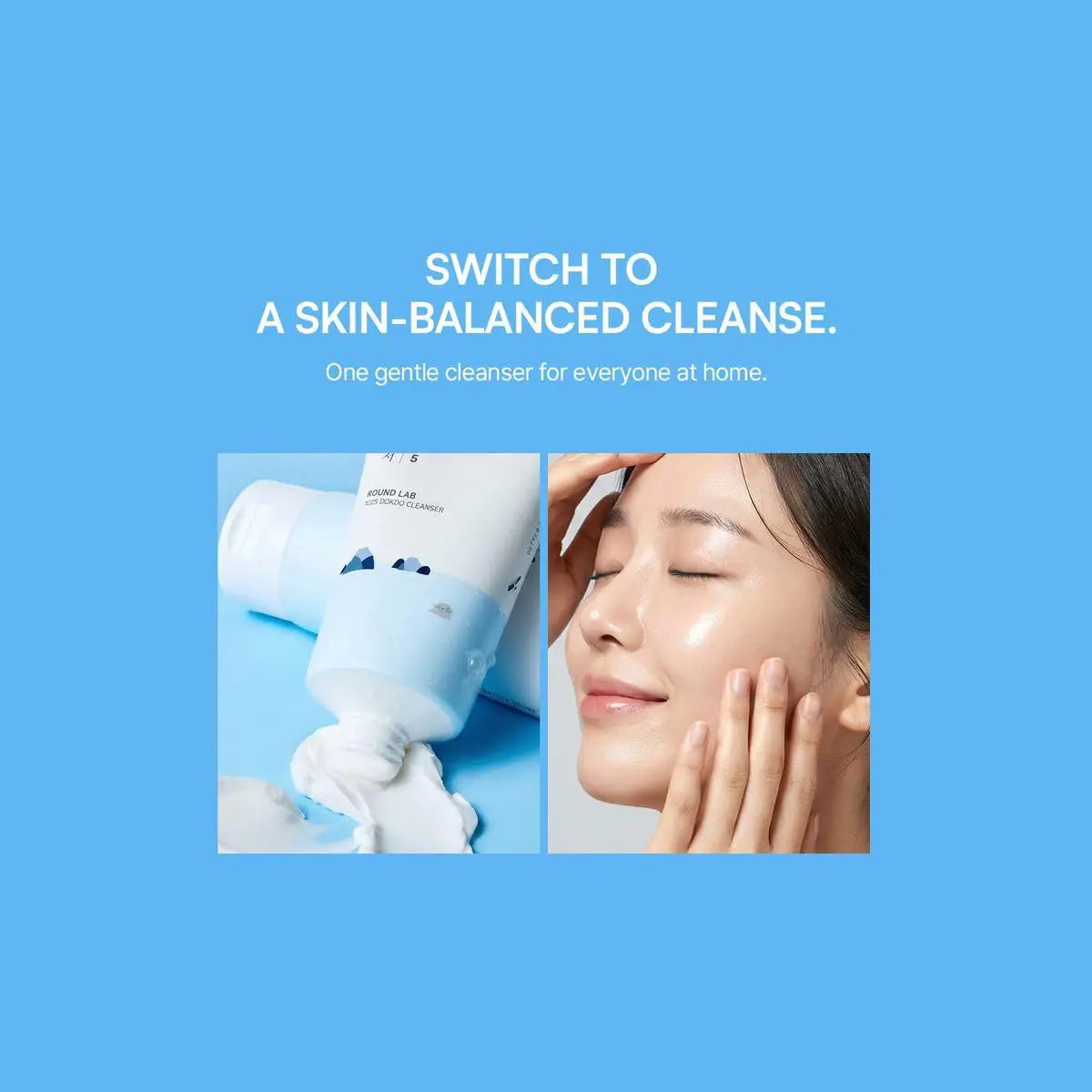 Advertisement for a skin-balanced cleanser with a bottle and a person using it on a blue background.