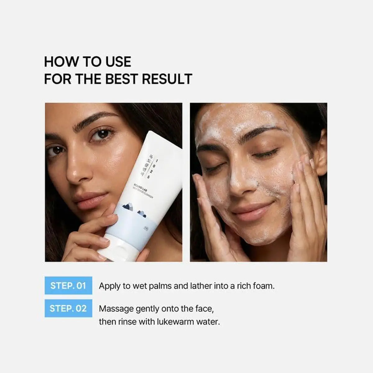 Instructions on how to use a skincare product with a woman holding a tube and applying it to her face.