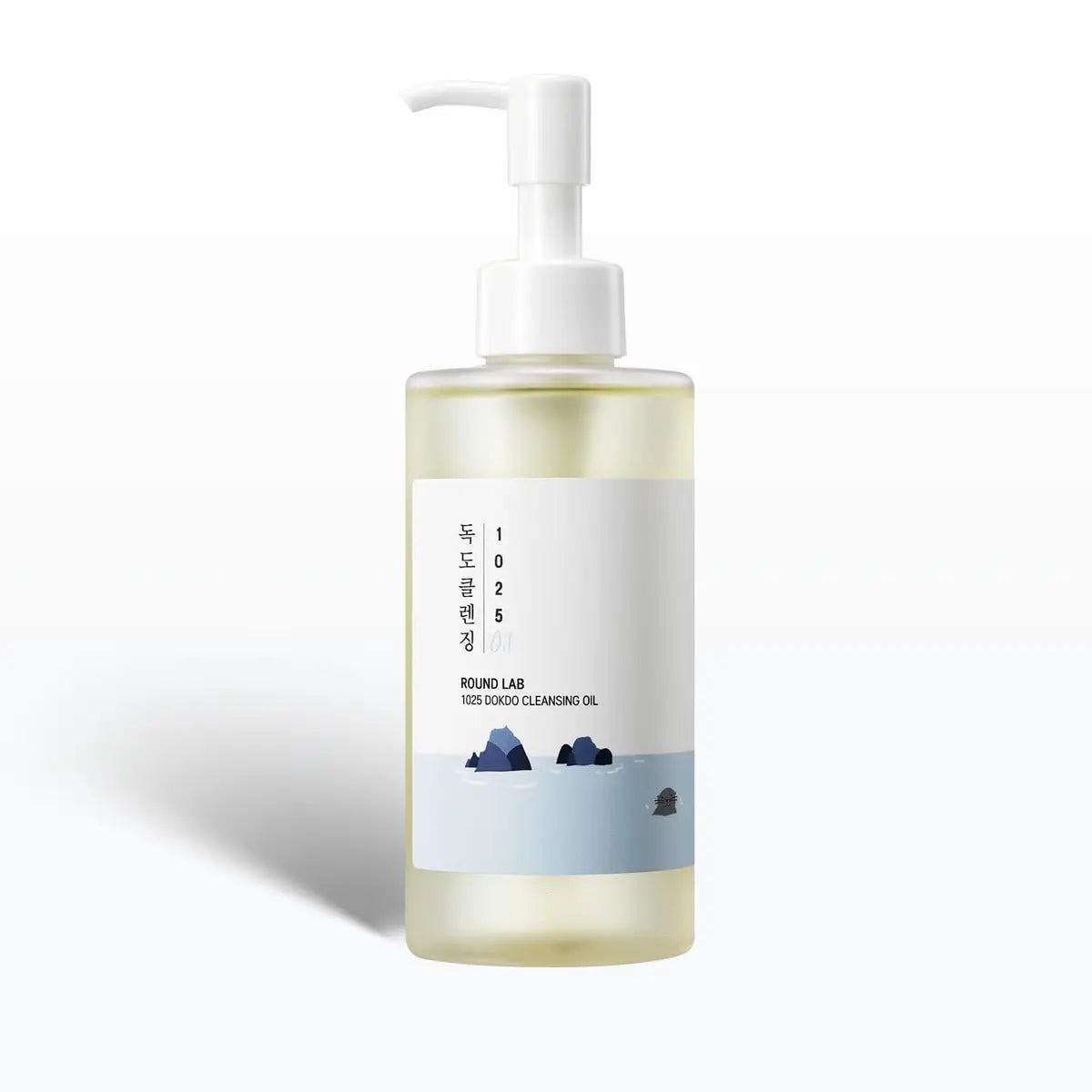 Bottle of ROUND LAB cleansing oil with a pump on a white background