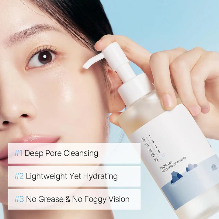Person using a skincare product on their face with text highlighting features.