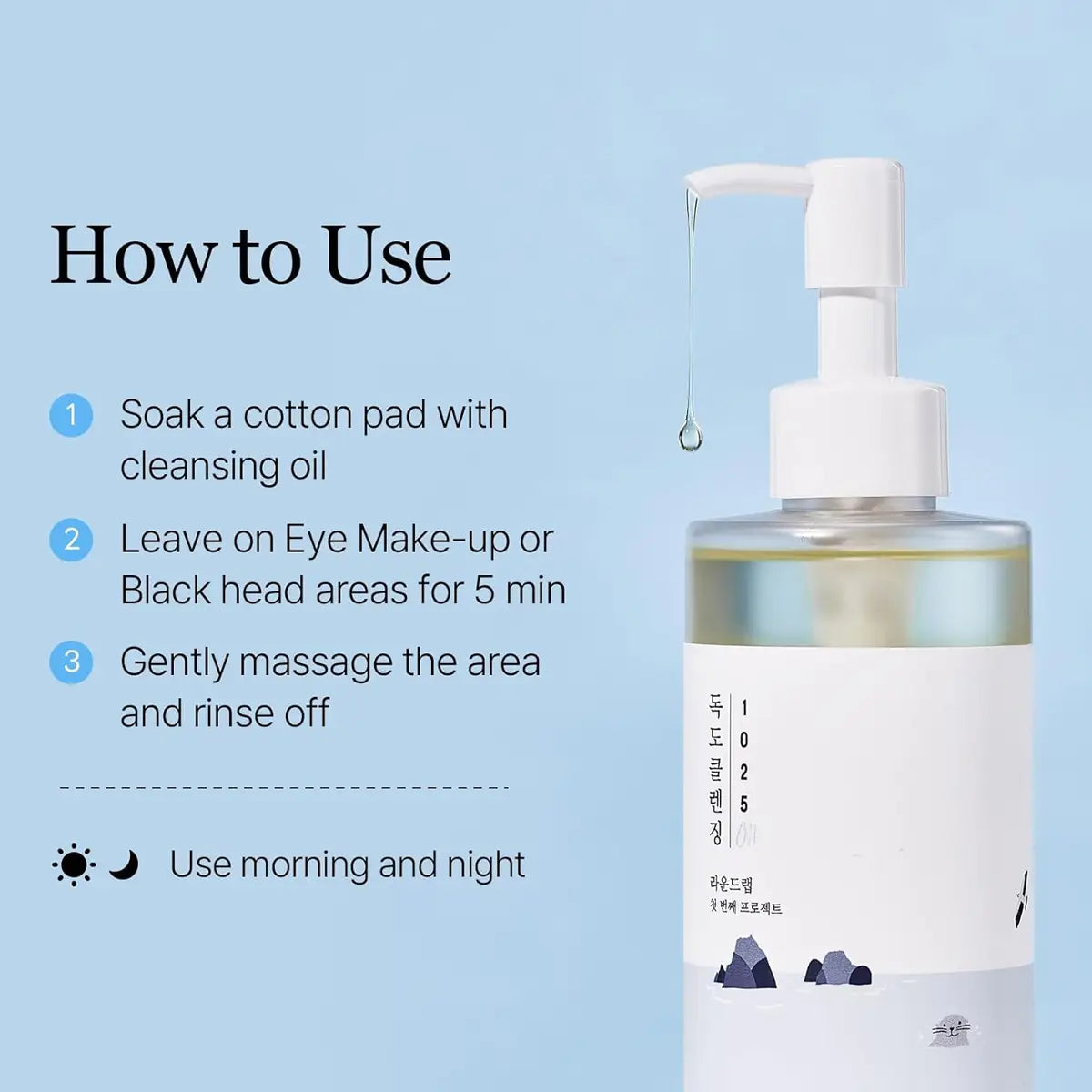 Bottle of cleansing oil with usage instructions on a light blue background