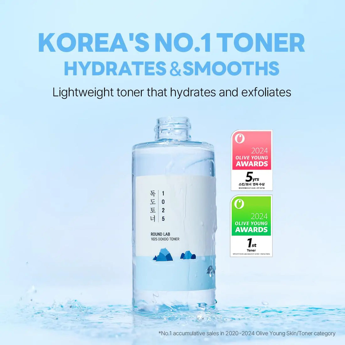 Bottle ofRound Lab 1025 Dokdo Toner 200mL with awards on a blue background