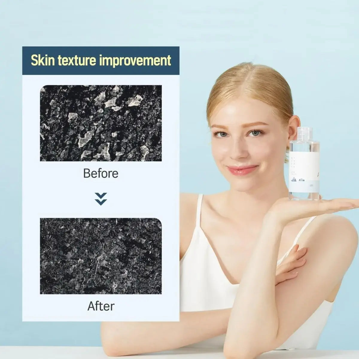 Woman holding a skincare product with 'Skin texture improvement' before and after comparison on a light blue background