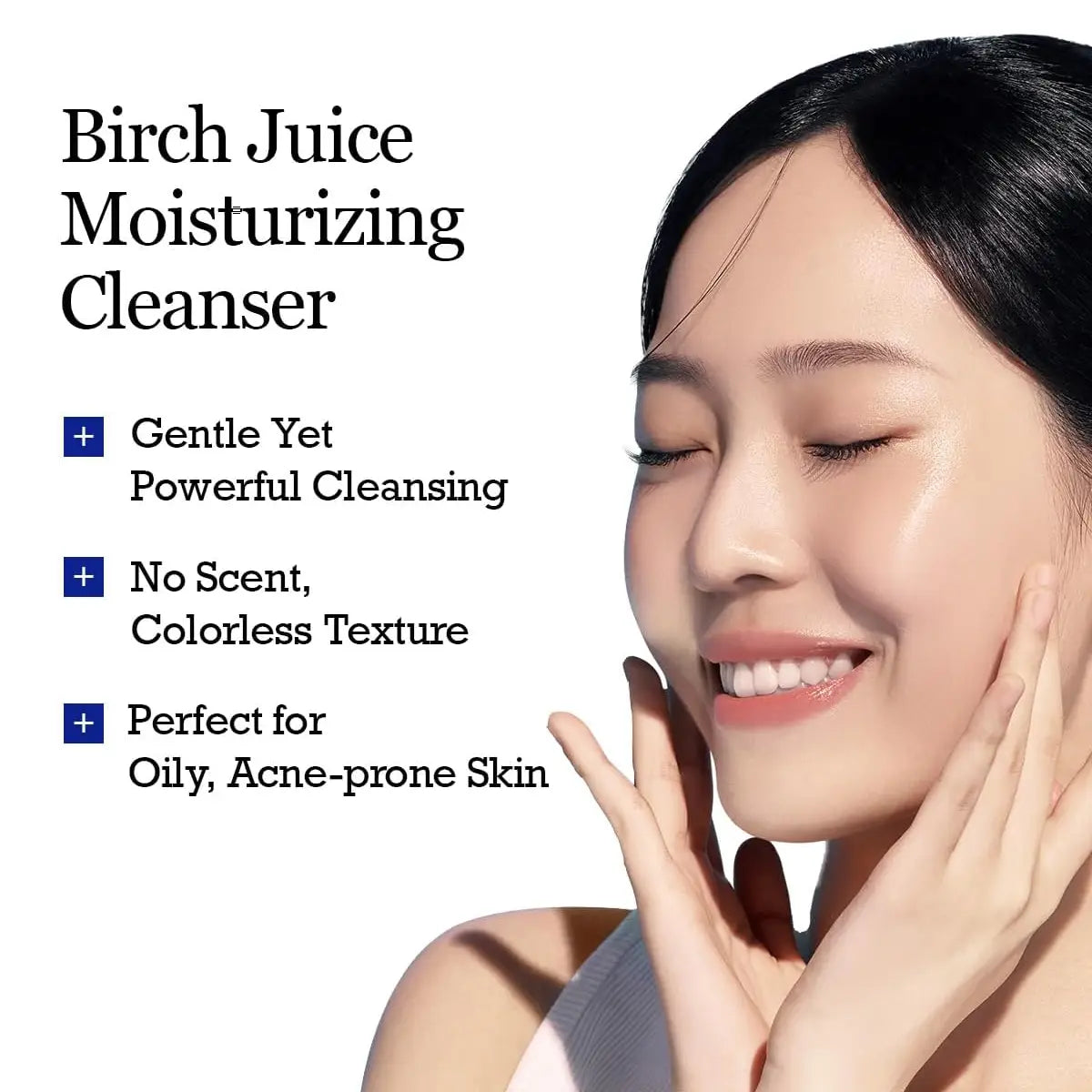 Advertisement for Birch Juice Moisturizing Cleanser with a woman touching her face.