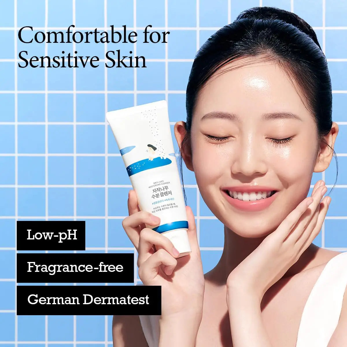 Woman holding a skincare product with text about skin comfort and product features on a blue grid background
