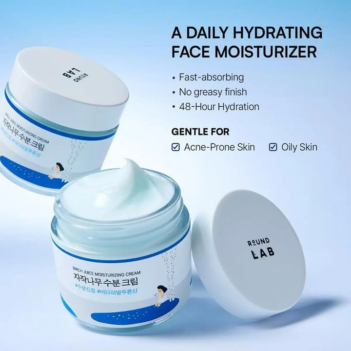 Round Lab daily hydrating face moisturizer with product and brand details on a light blue background
