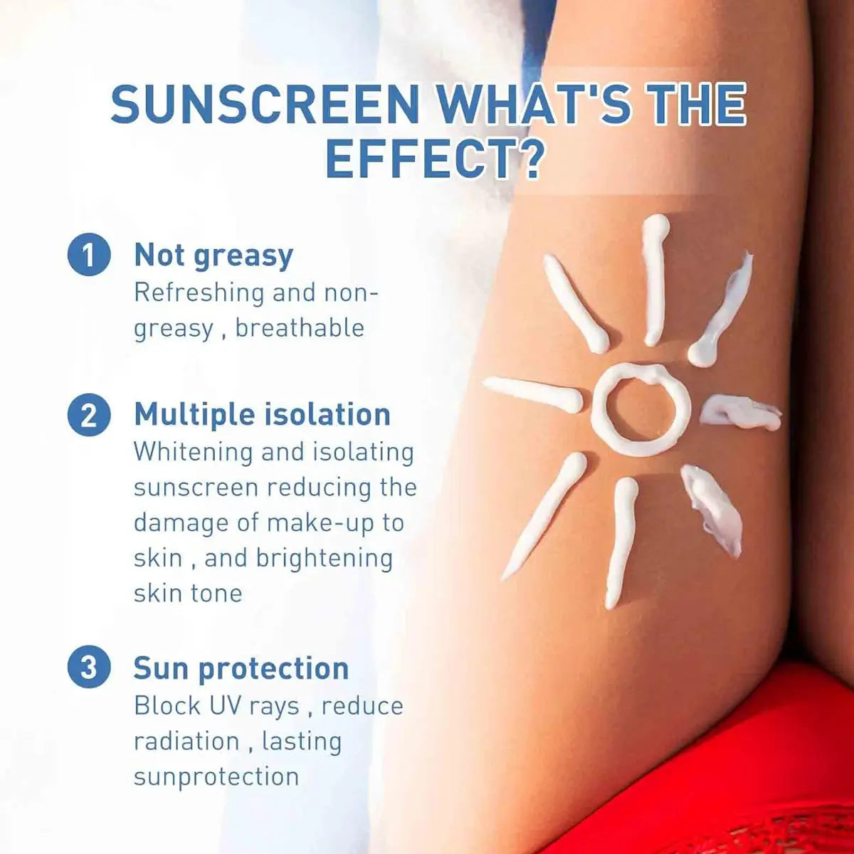 Sunscreen application on a person's arm with text explaining its effects.
