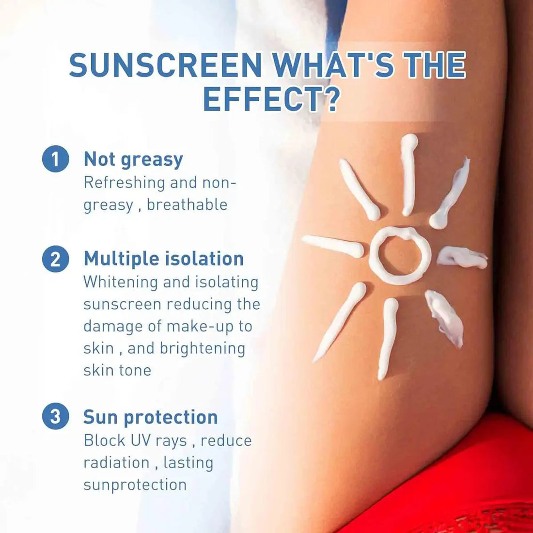 Sunscreen application on a person's arm with text explaining its effects.