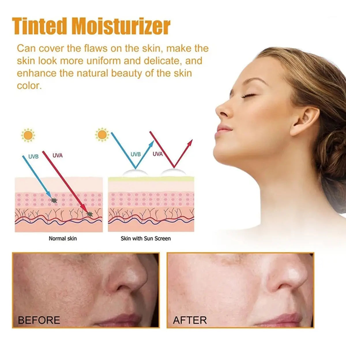Advertisement for tinted moisturizer showing before and after effects on skin.