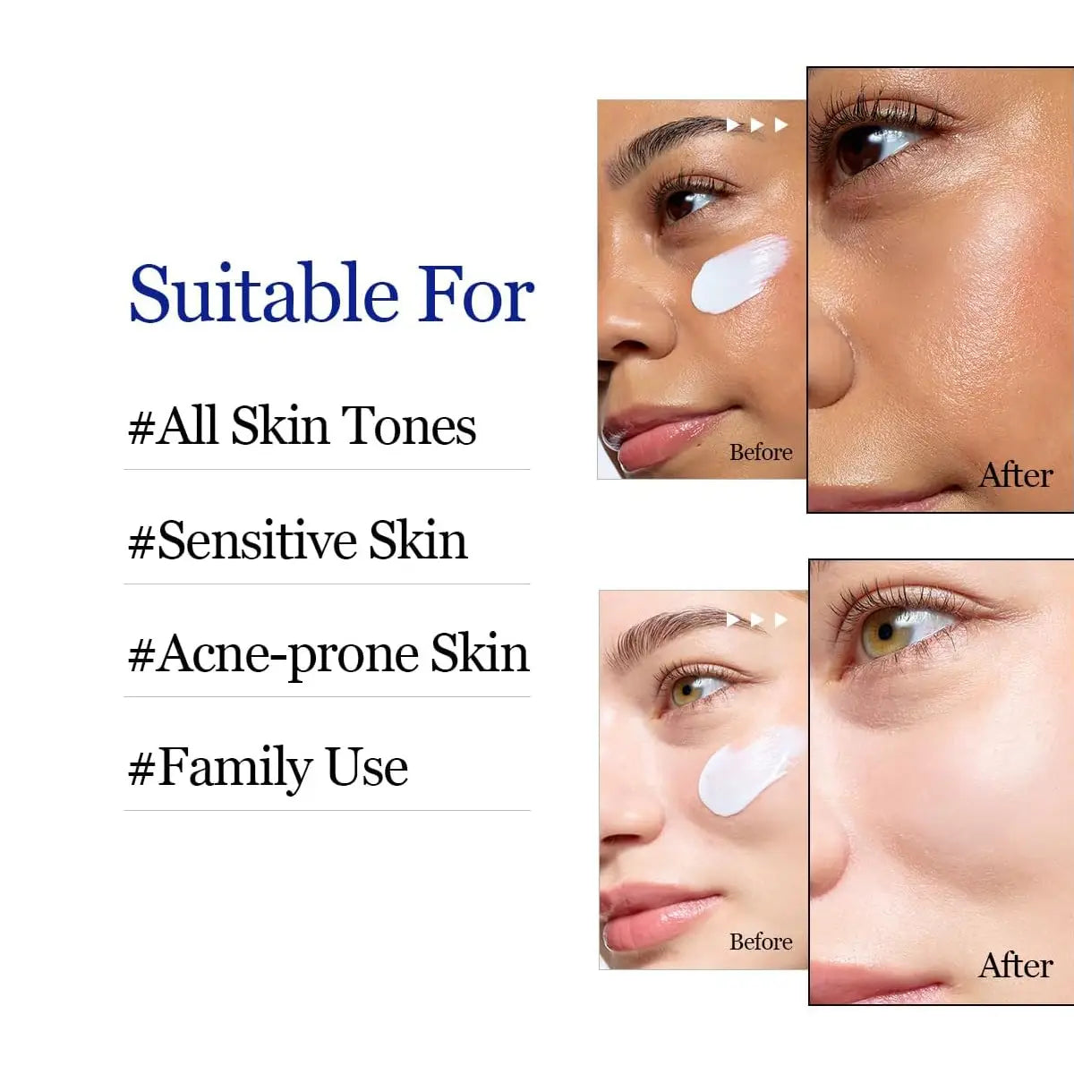 Product before and after application on skin with text indicating suitability for various skin types.