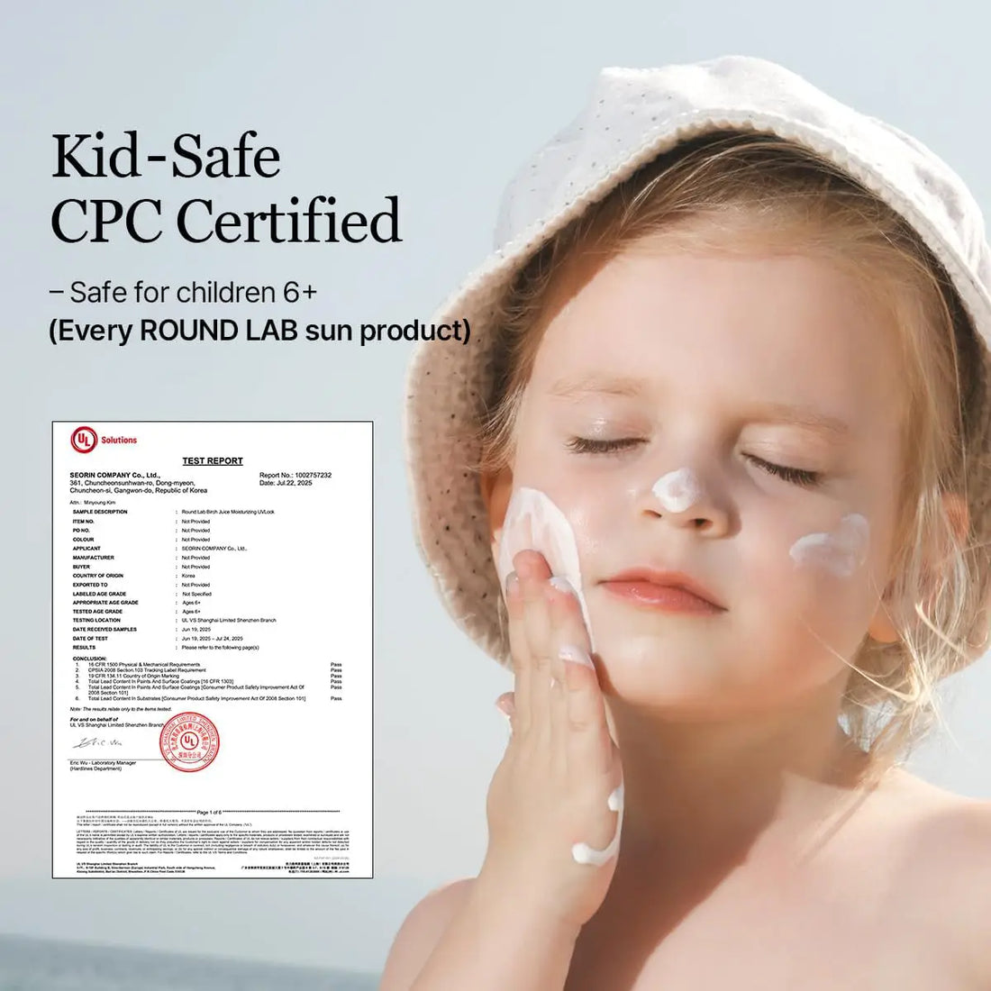 Child applying sun cream with a certification document on a light blue background