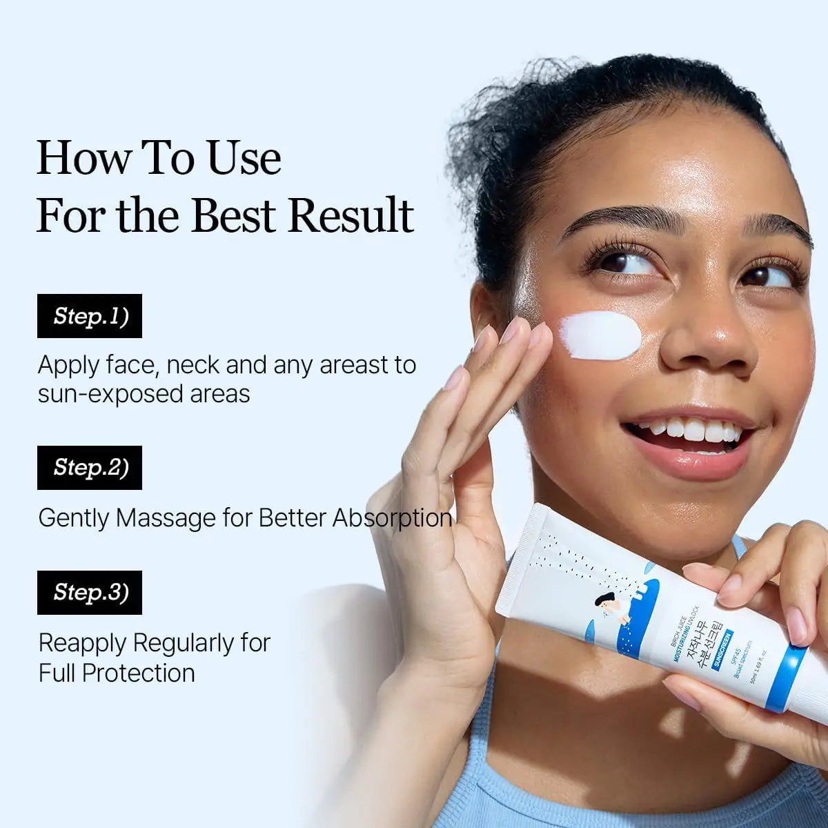 Woman applying sunscreen with text on how to use it for best results