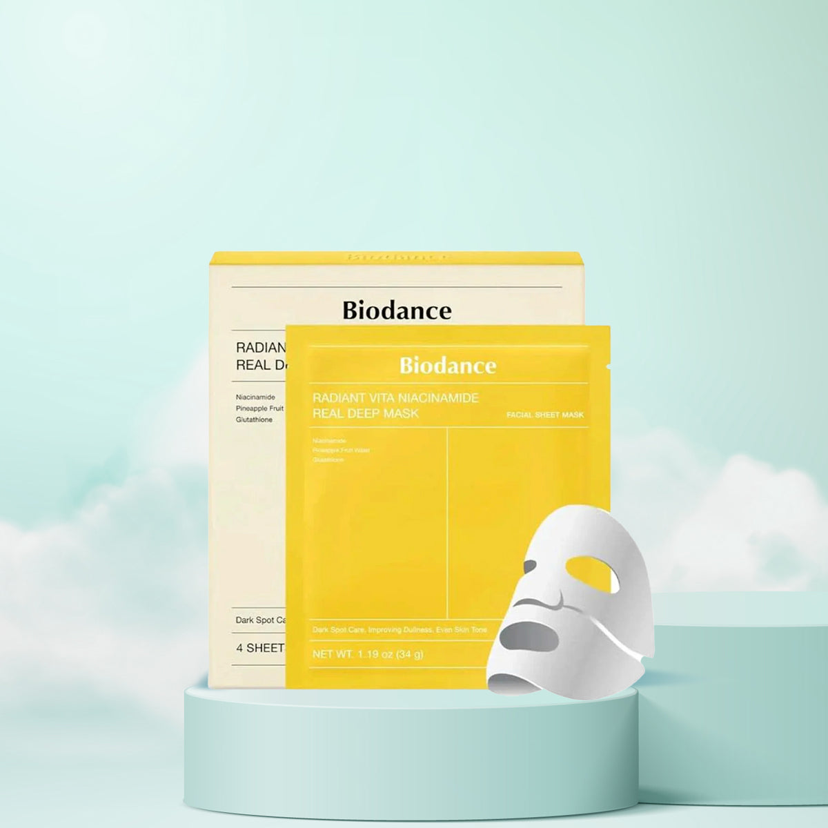 Biodance Radiant Vita Niacinamide Real Deep Mask Box on a  light blue background | UAE
