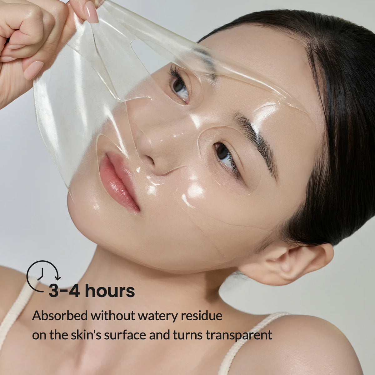 Person wearing a clear face mask with text indicating absorption time and effects.
