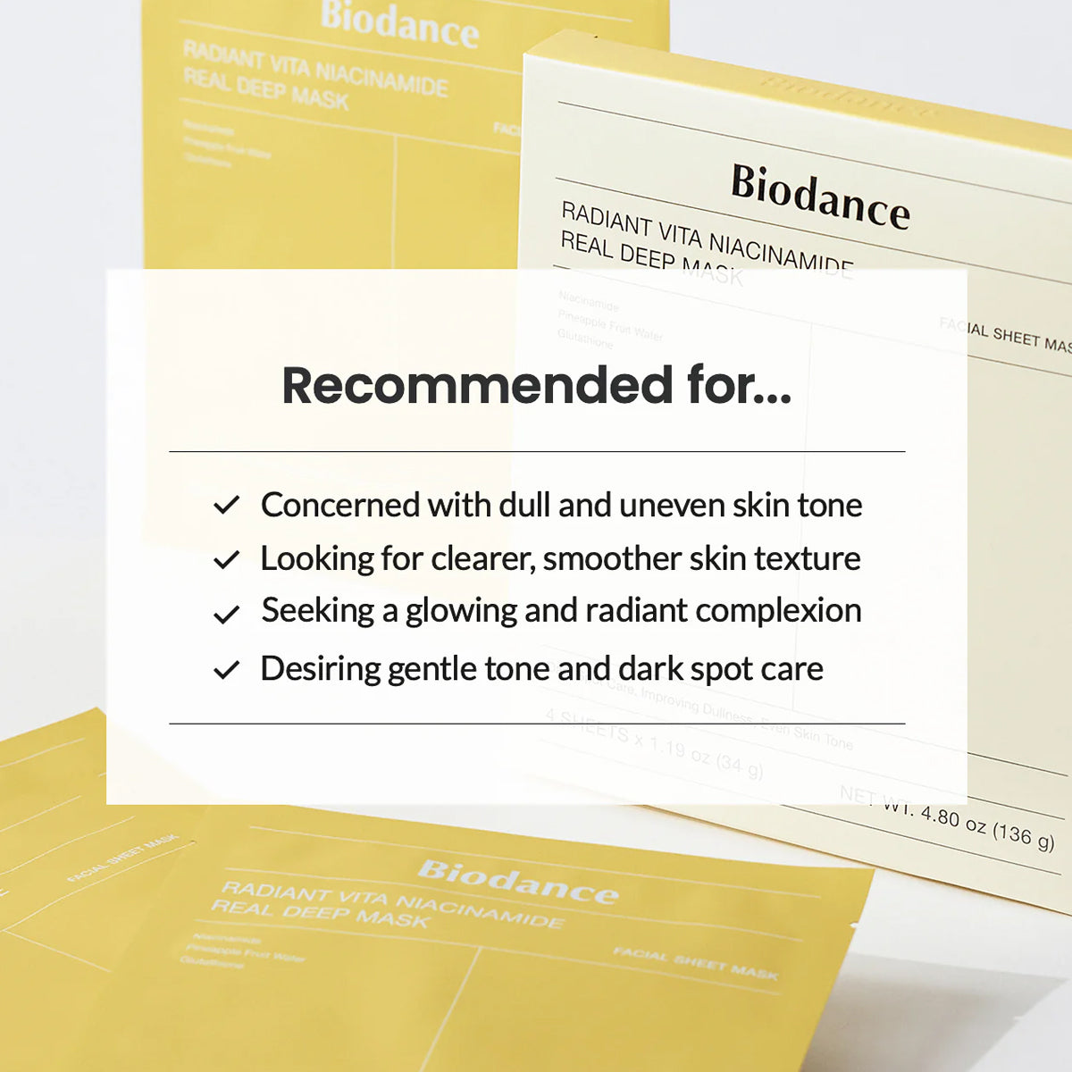 Biodance Radiant Vita Niacinamide Real Deep Mask packaging with recommended uses text.