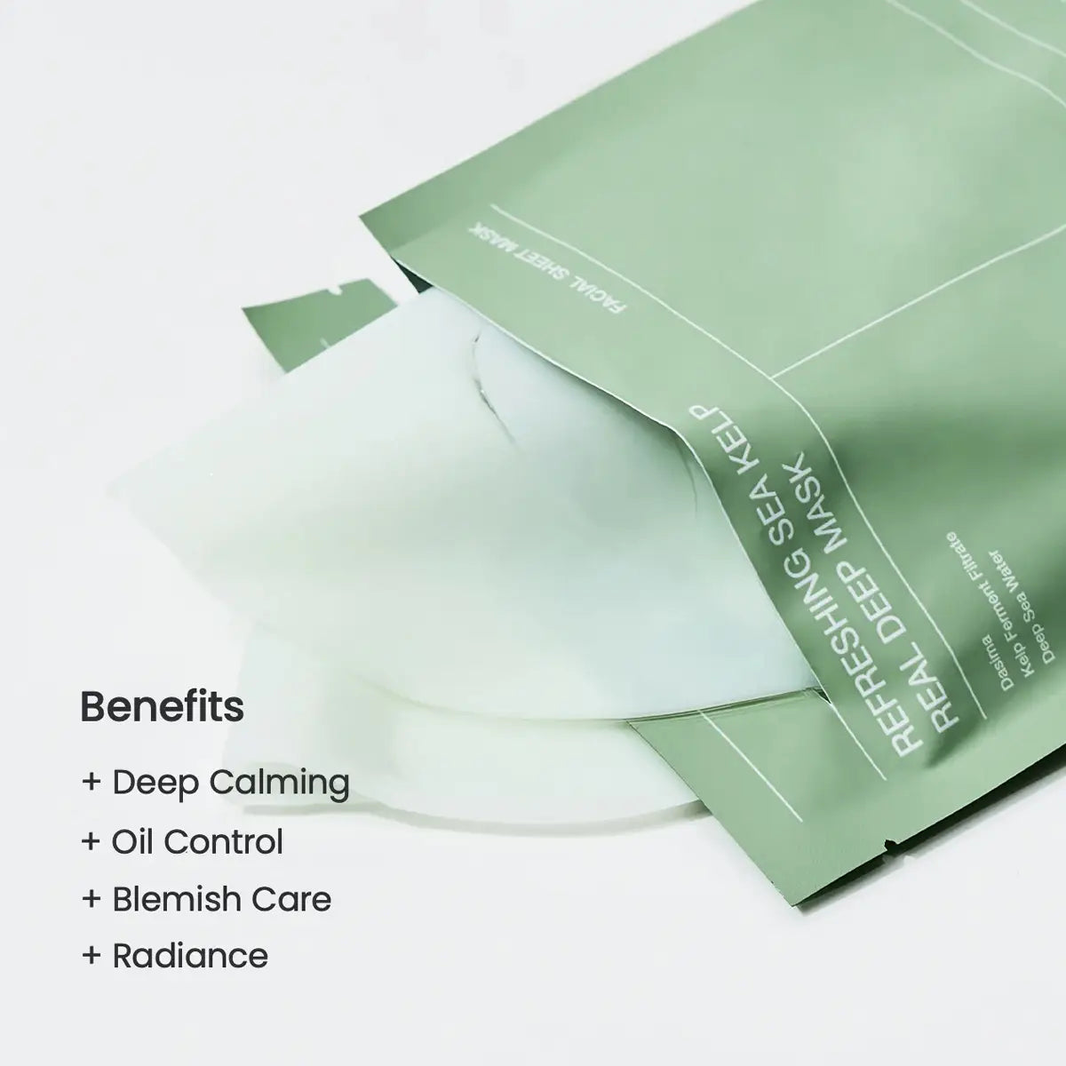 Green facial mask packaging with text on a white background