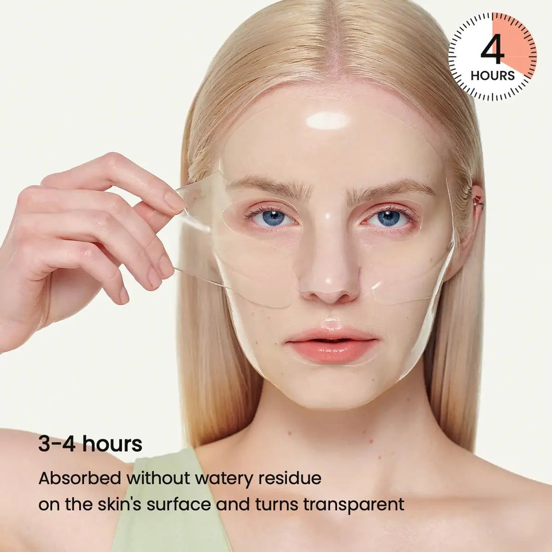 Woman applying a skincare product with text indicating absorption time and benefits.