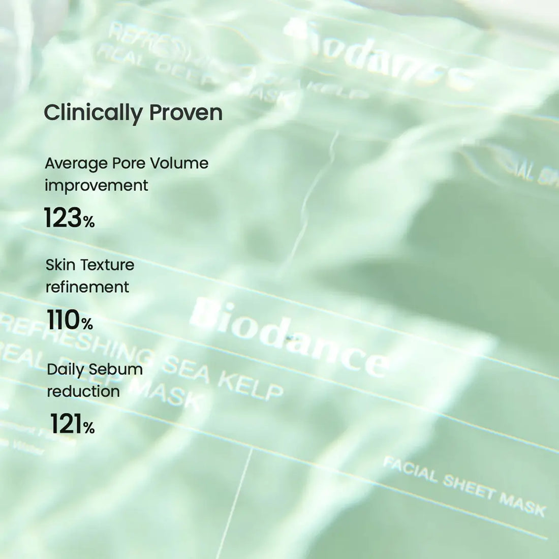 Biodance facial sheet mask with clinical improvement percentages on a green background