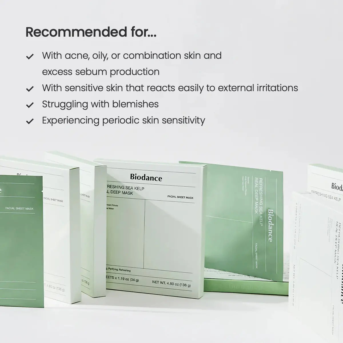 Biodance facial sheet mask packaging with text on a light gray background
