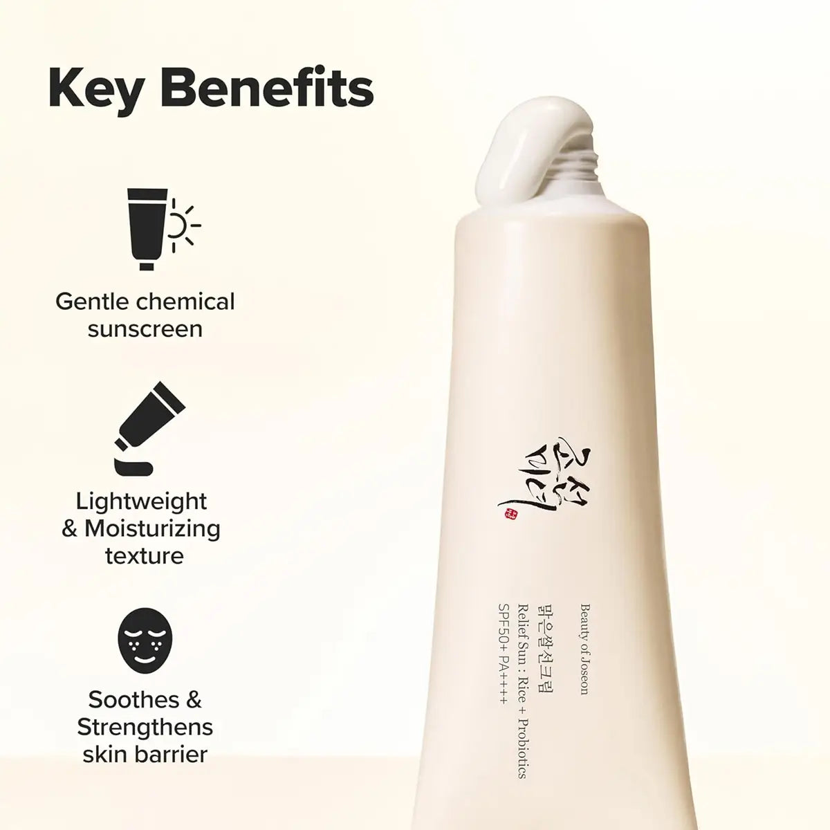 Skincare product with key benefits listed on a light background