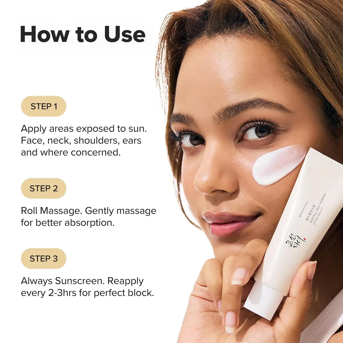 Woman applying sunscreen with text on how to use it