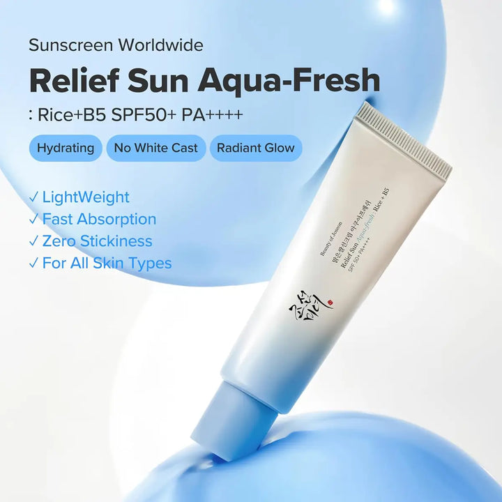 Sunscreen tube with product details on a light blue background