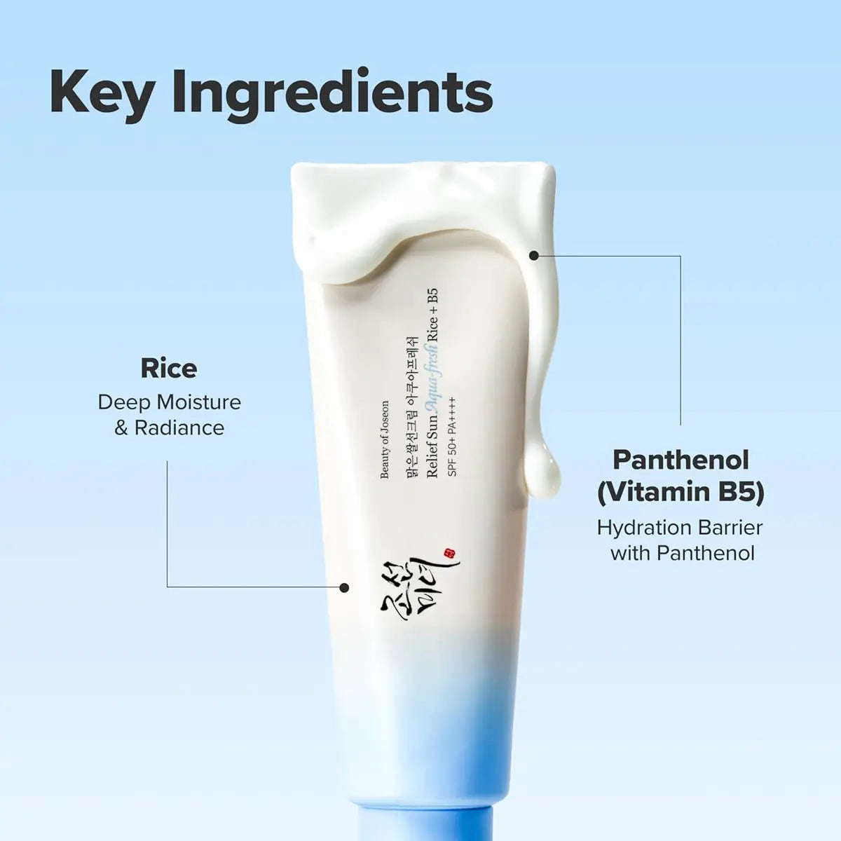 Skincare tube with key ingredients labeled on a blue background