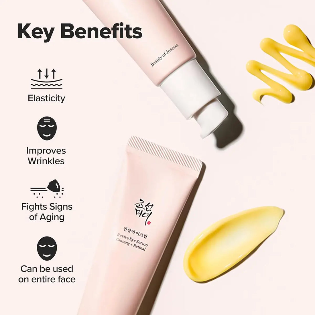 Beauty and Youth eye cream with key benefits listed on a light pink background