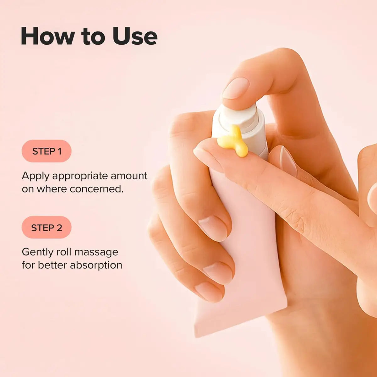 Hand applying Beauty of Joseon Revive Eye Serum Ginseng + Retinal with text on how to use it on a pink background