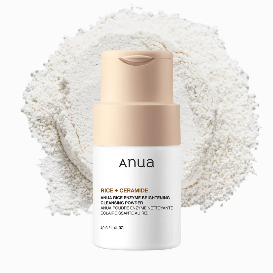 Anua rice and ceramide cleansing powder with a beige cap on a white background