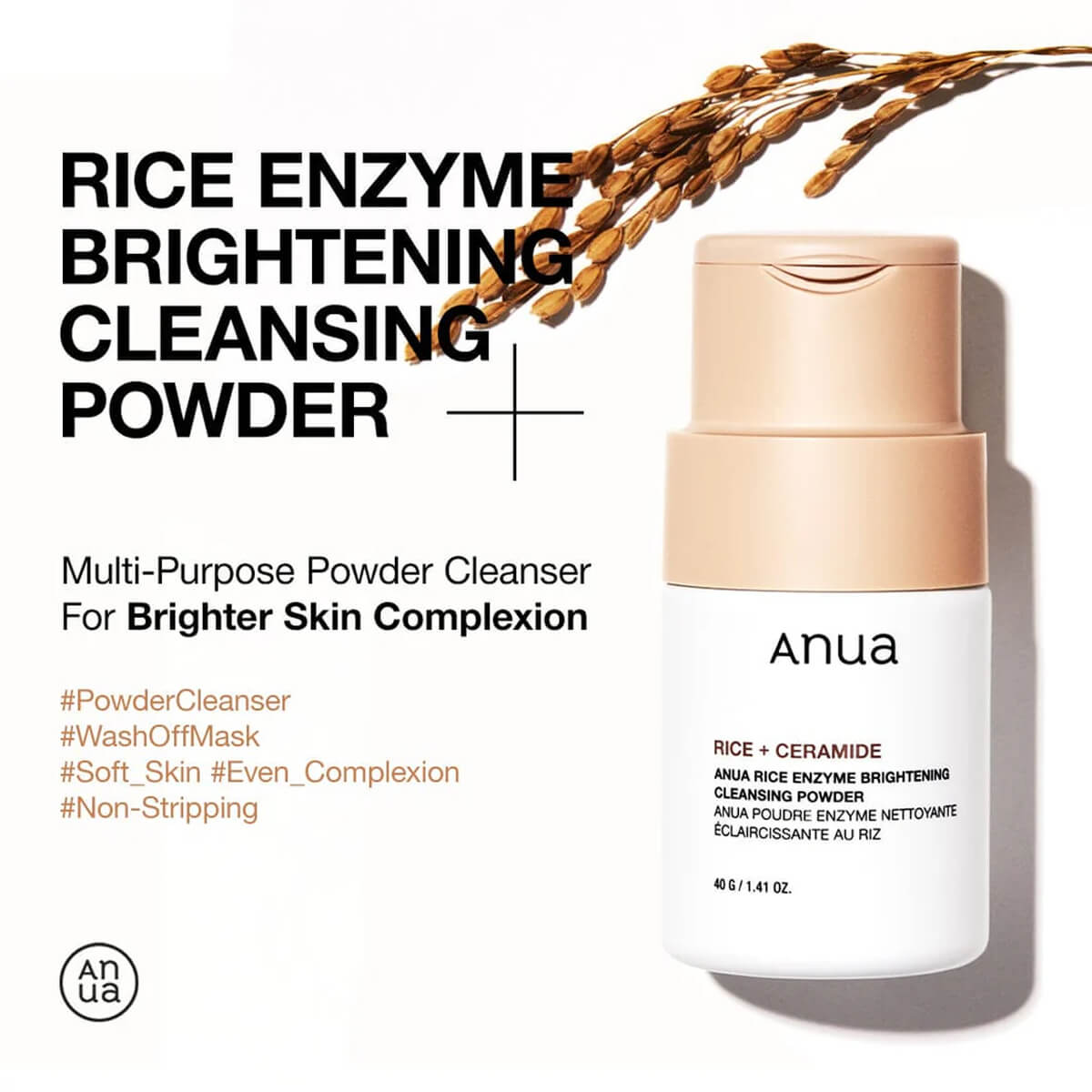 Anua Rice Enzyme Brightening Cleansing Powder with rice plant on a white background