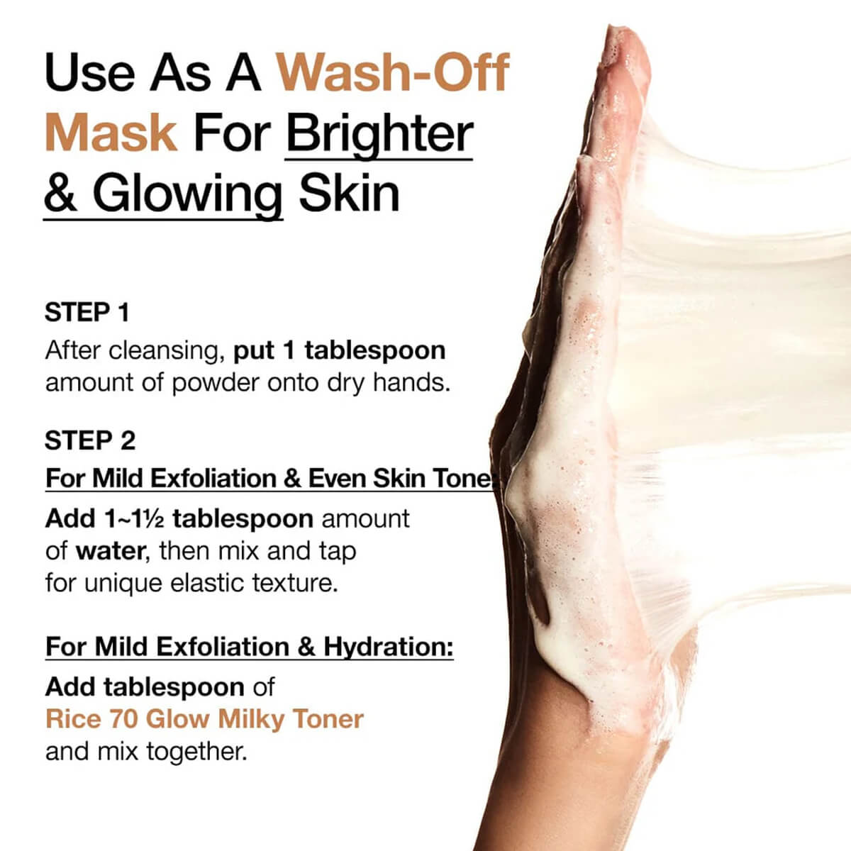 Instructions for using a wash-off mask on skin with text and a hand applying the product.