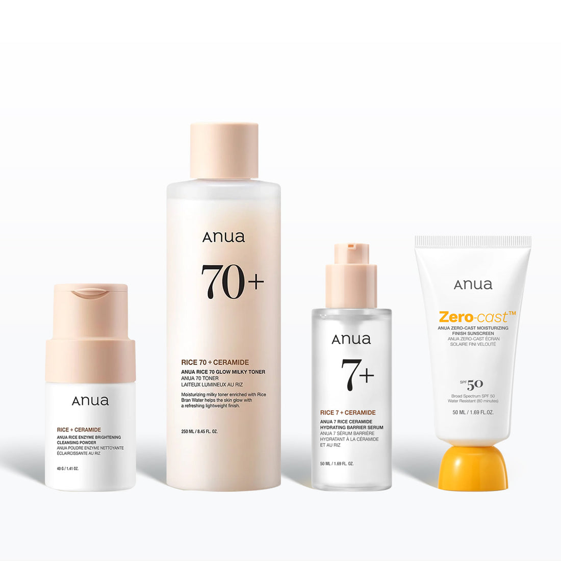 Anua Rice skincare products on a white background