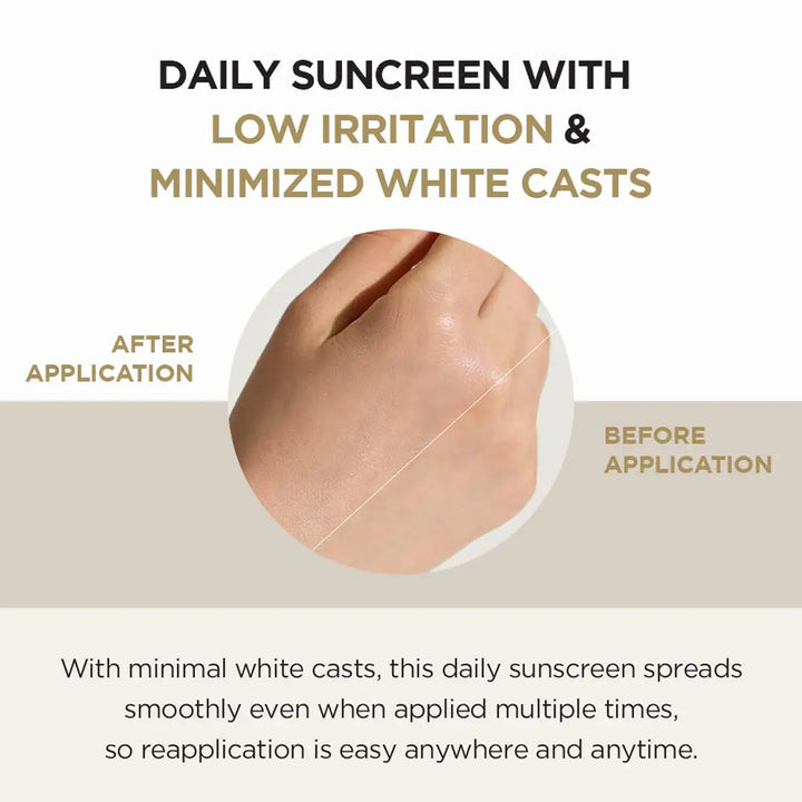 Daily suncreen with low irritation & minimized white casts
