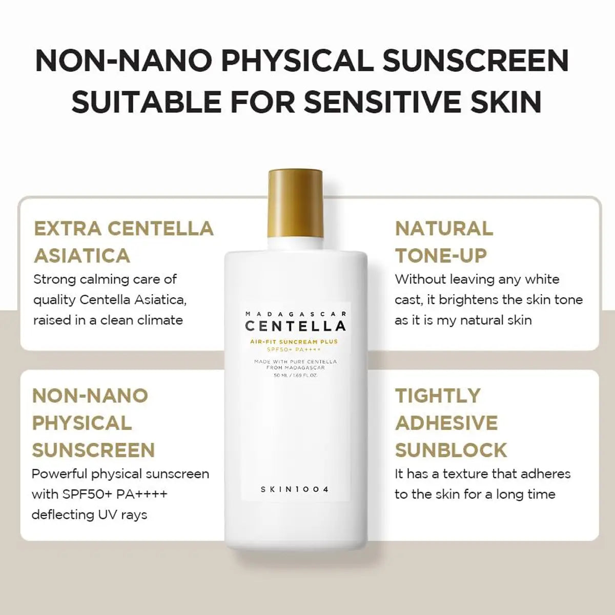 Sunscreen bottle with text highlighting features on a beige background