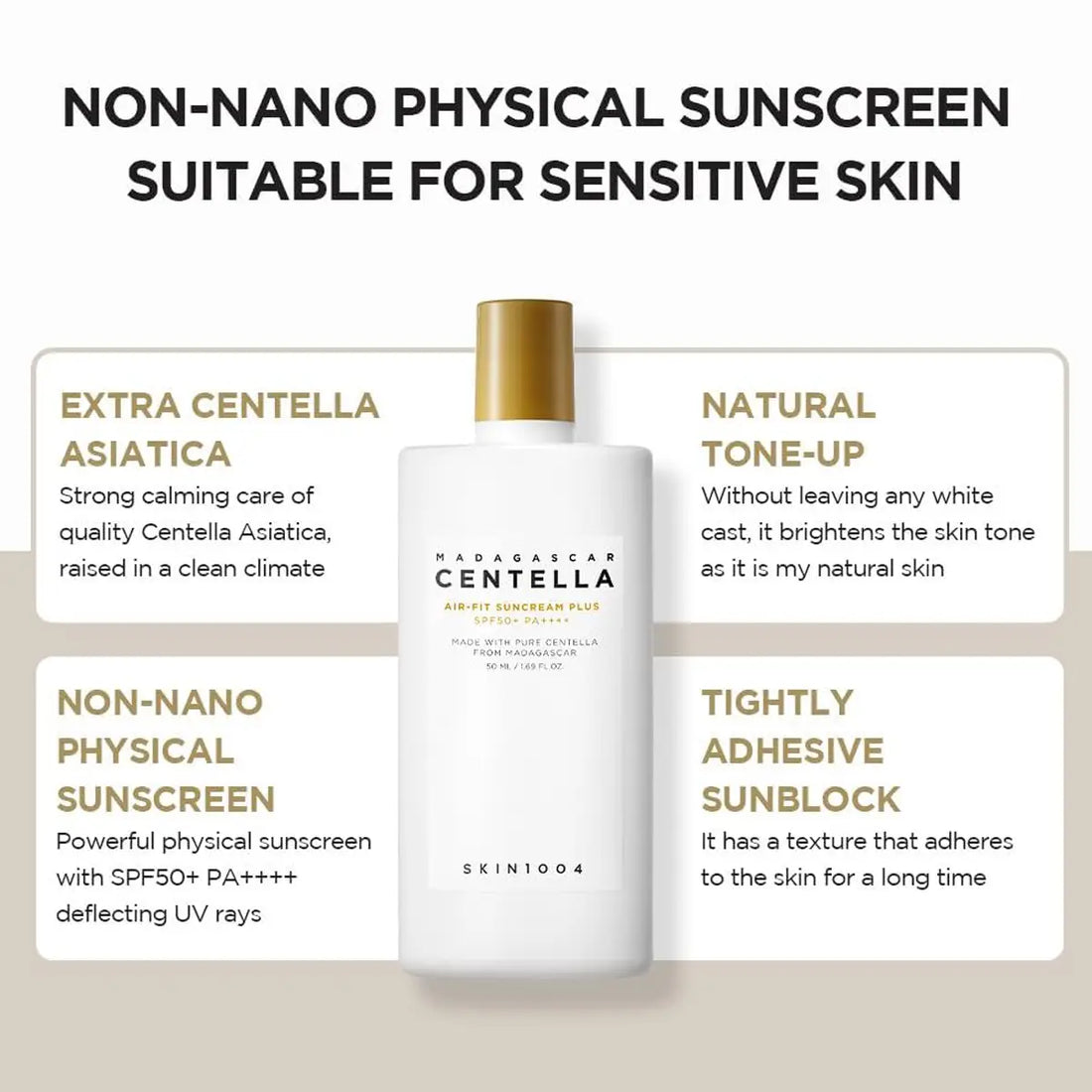 Sunscreen bottle with text highlighting features on a beige background