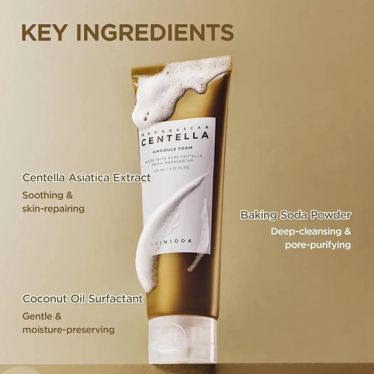 SKIN1004 Madagascar Centella Ampoule Foam tube with key ingredients