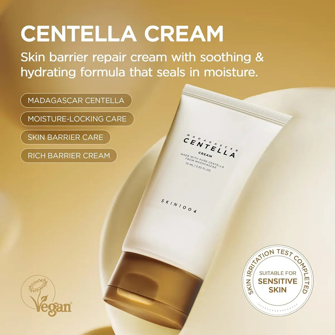 SKIN1004 Madagascar Centella Cream 75mL soothing moisturizer for sensitive skin with hydration and skin barrier repair benefits.