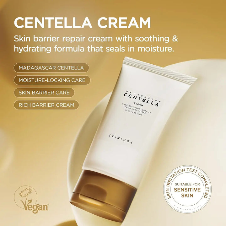 SKIN1004 Madagascar Centella Cream 75mL soothing moisturizer for sensitive skin with hydration and skin barrier repair benefits.