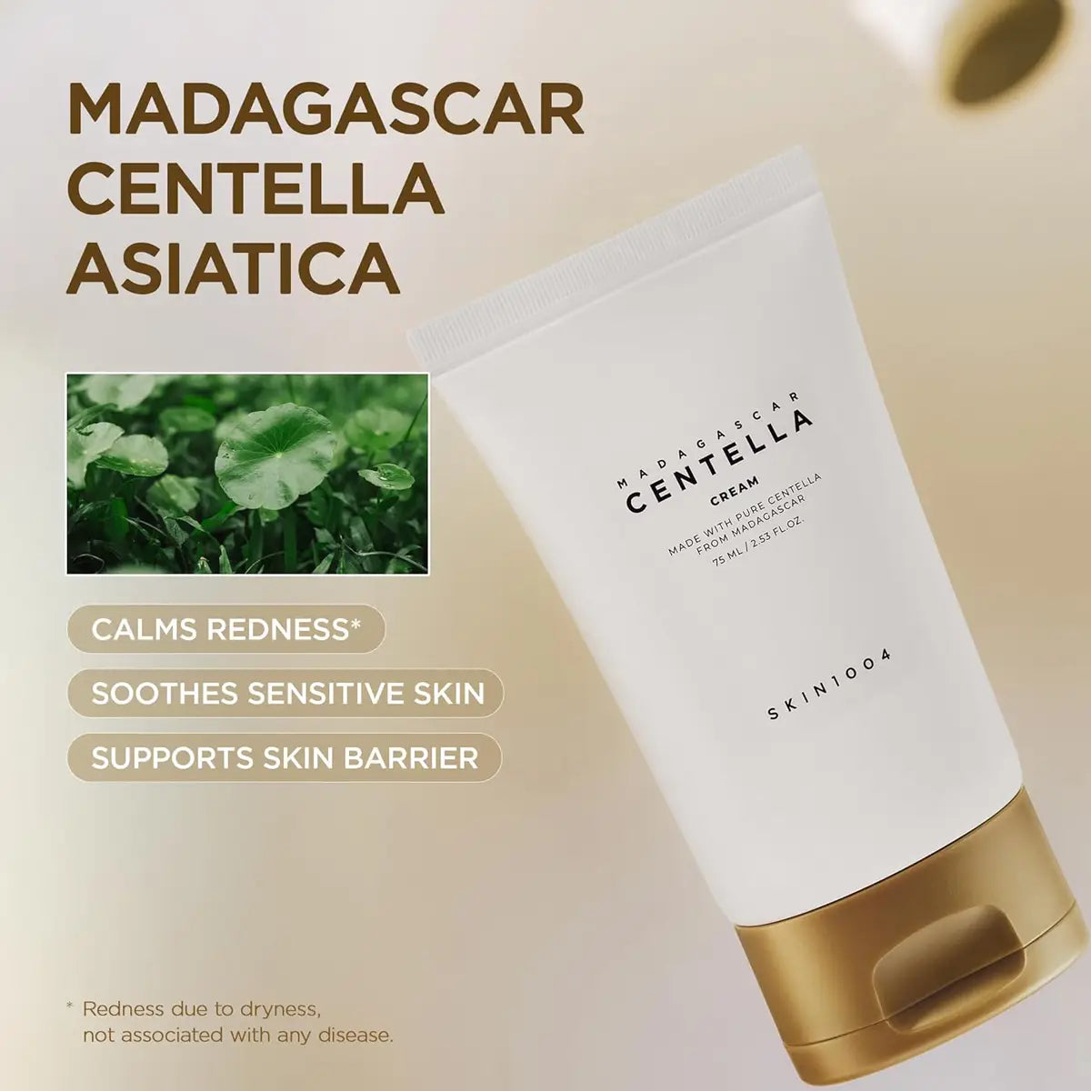 SKIN1004 Madagascar Centella Cream 75mL with Centella Asiatica extract to calm redness and soothe sensitive skin.