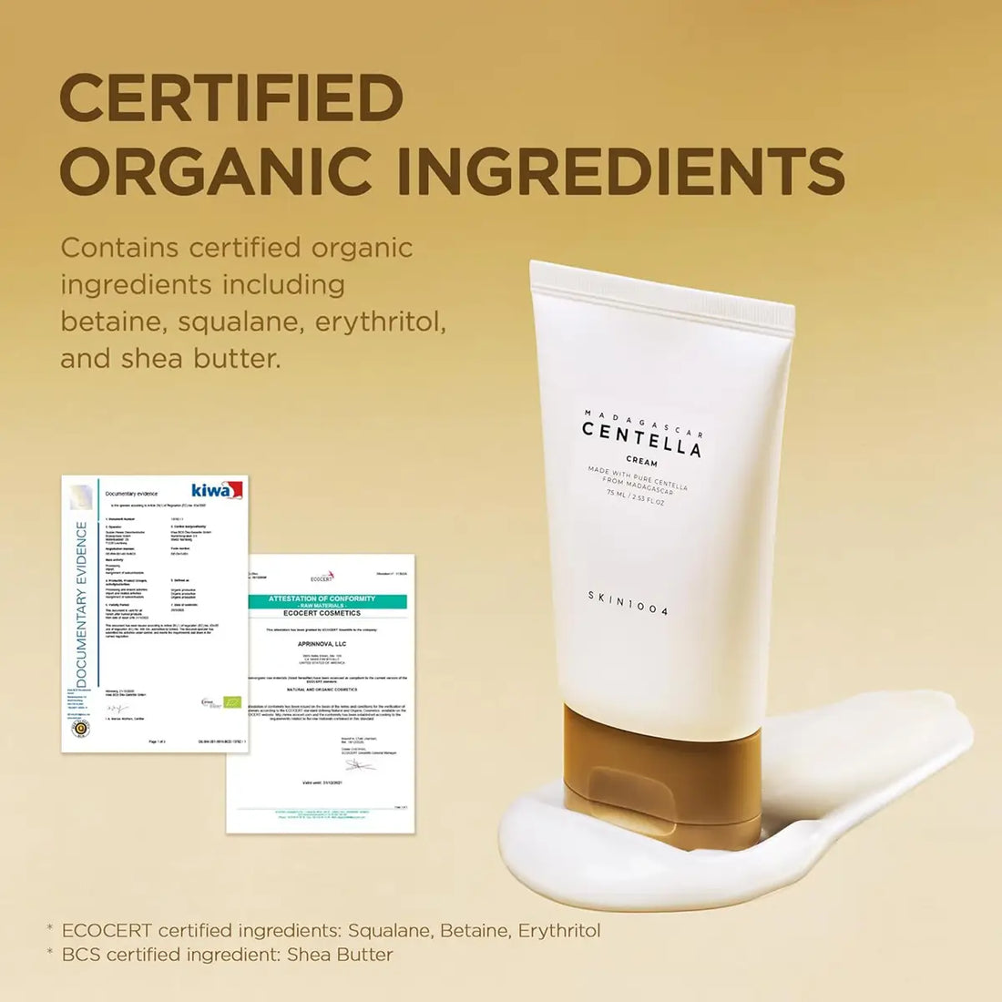 SKIN1004 Madagascar Centella Cream 75mL with certified organic ingredients including betaine and squalane.