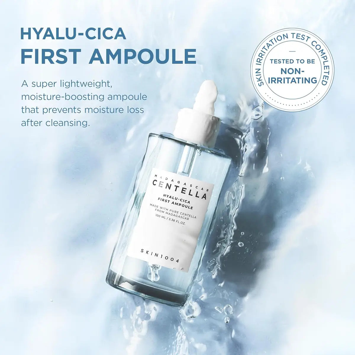 Hyalu-Cica First Ampoule bottle with dropper on a water splash background