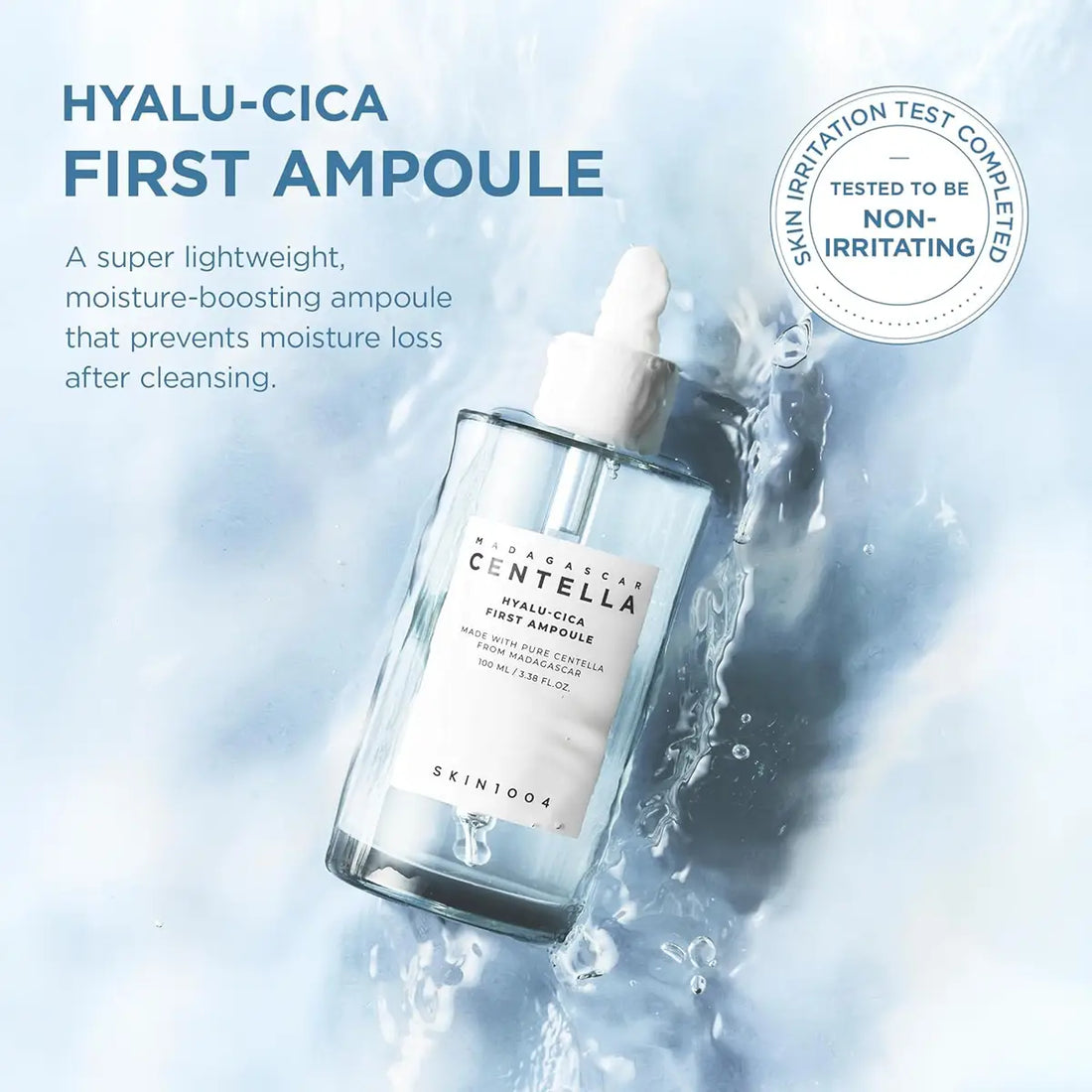 Hyalu-Cica First Ampoule bottle with dropper on a water splash background