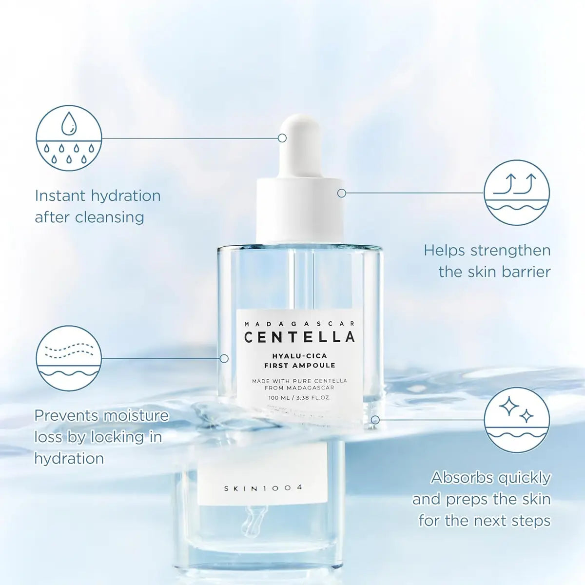 SKIN1004 Madagascar Centella Hyalu-Cica First Ampoule product with text on a light blue background