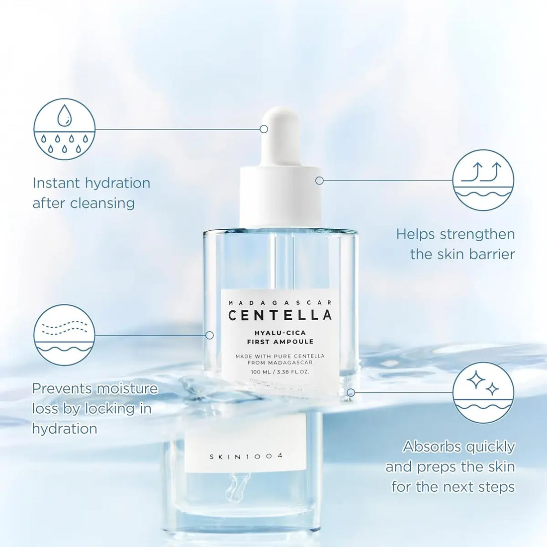SKIN1004 Madagascar Centella Hyalu-Cica First Ampoule product with text on a light blue background