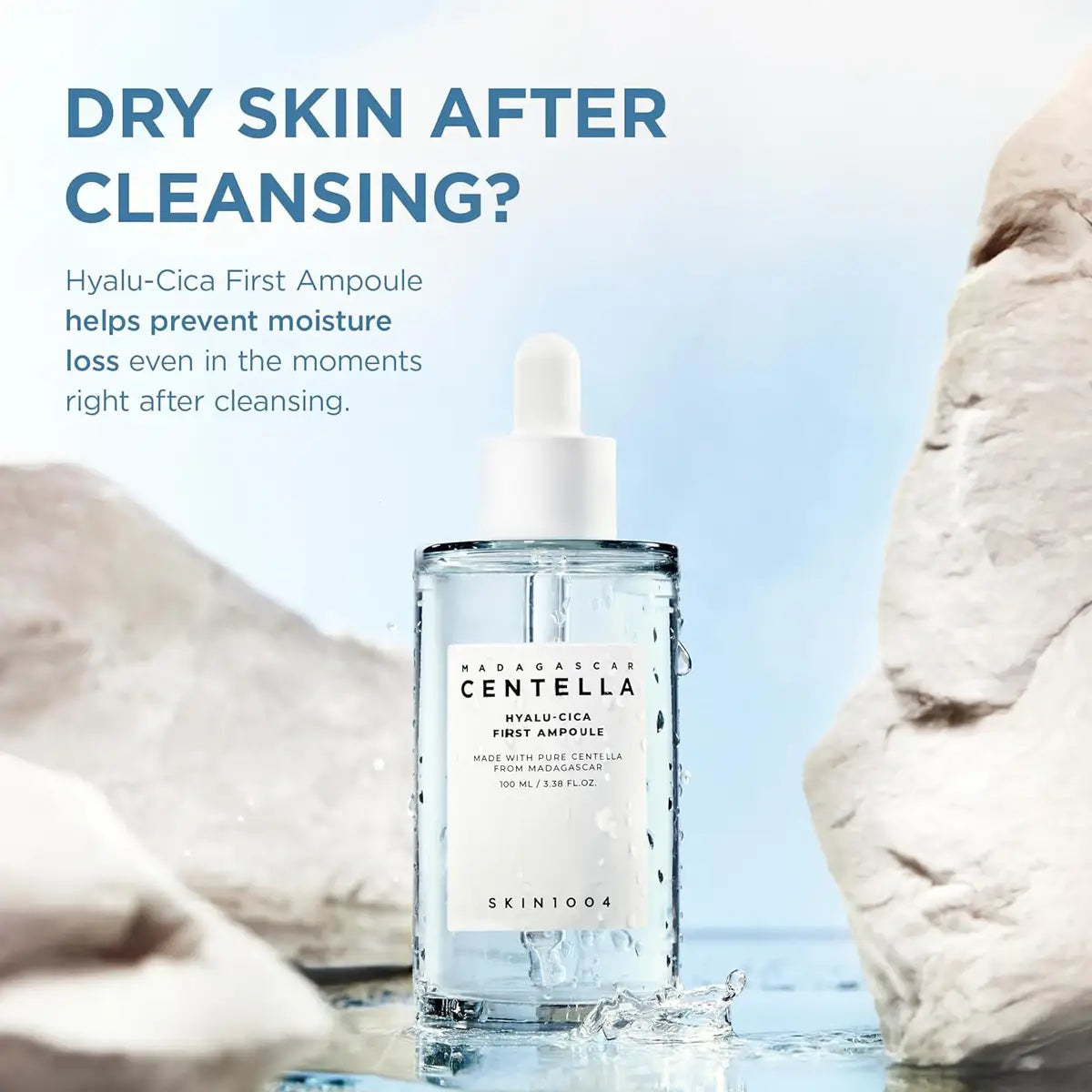 Skincare ampoule bottle with text about preventing moisture loss after cleansing, set against a natural stone background.