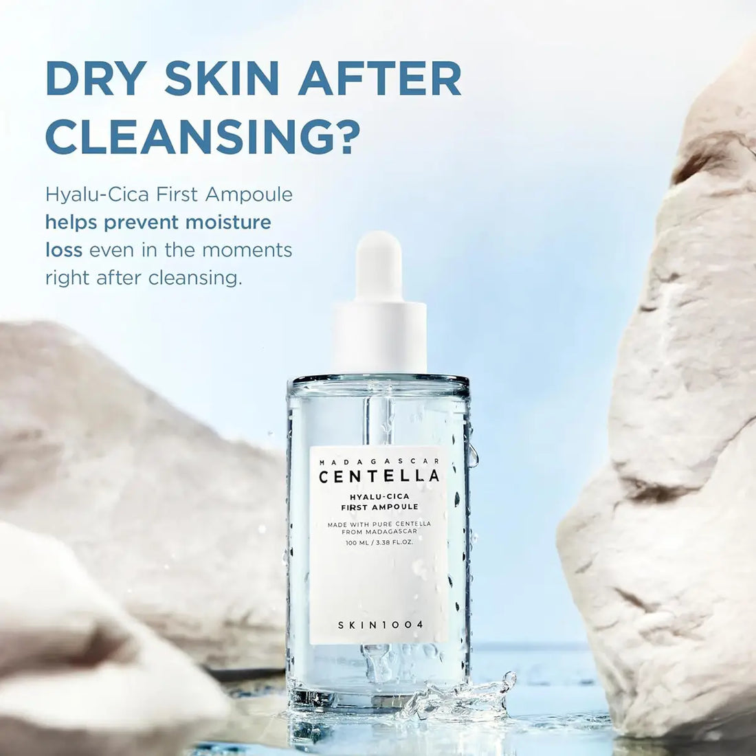 Skincare ampoule bottle with text about preventing moisture loss after cleansing, set against a natural stone background.