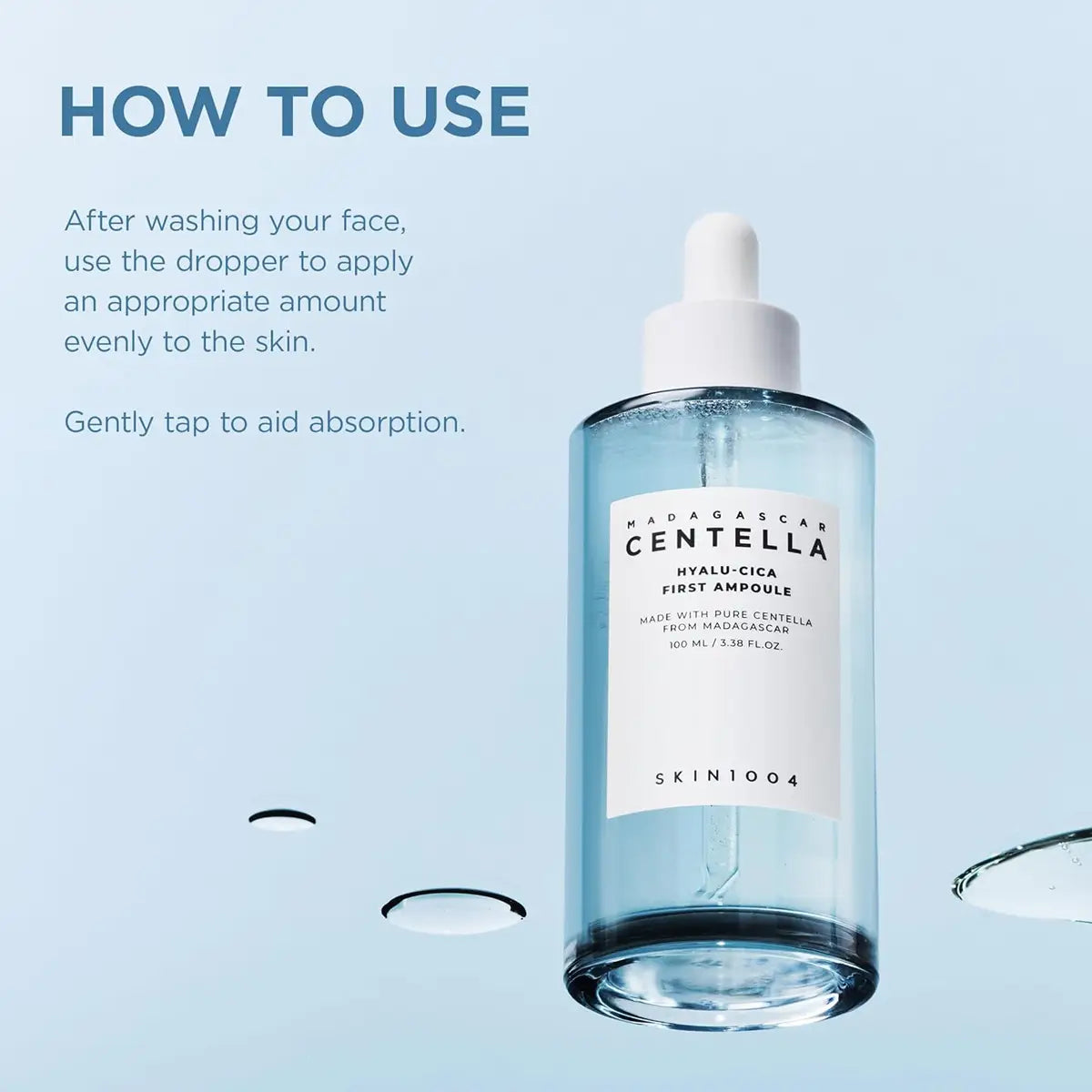 Skincare dropper bottle with text on a light blue background