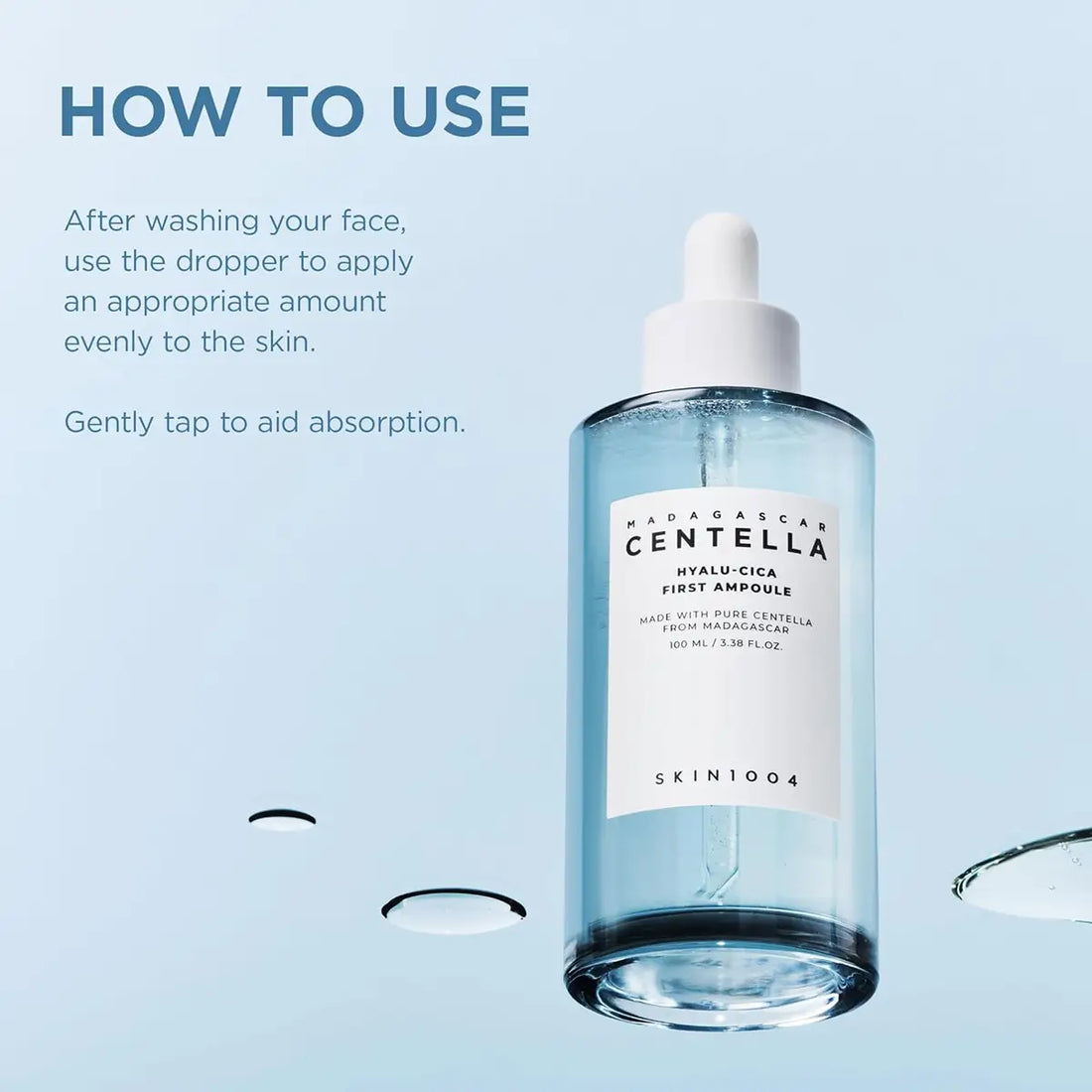 Skincare dropper bottle with text on a light blue background