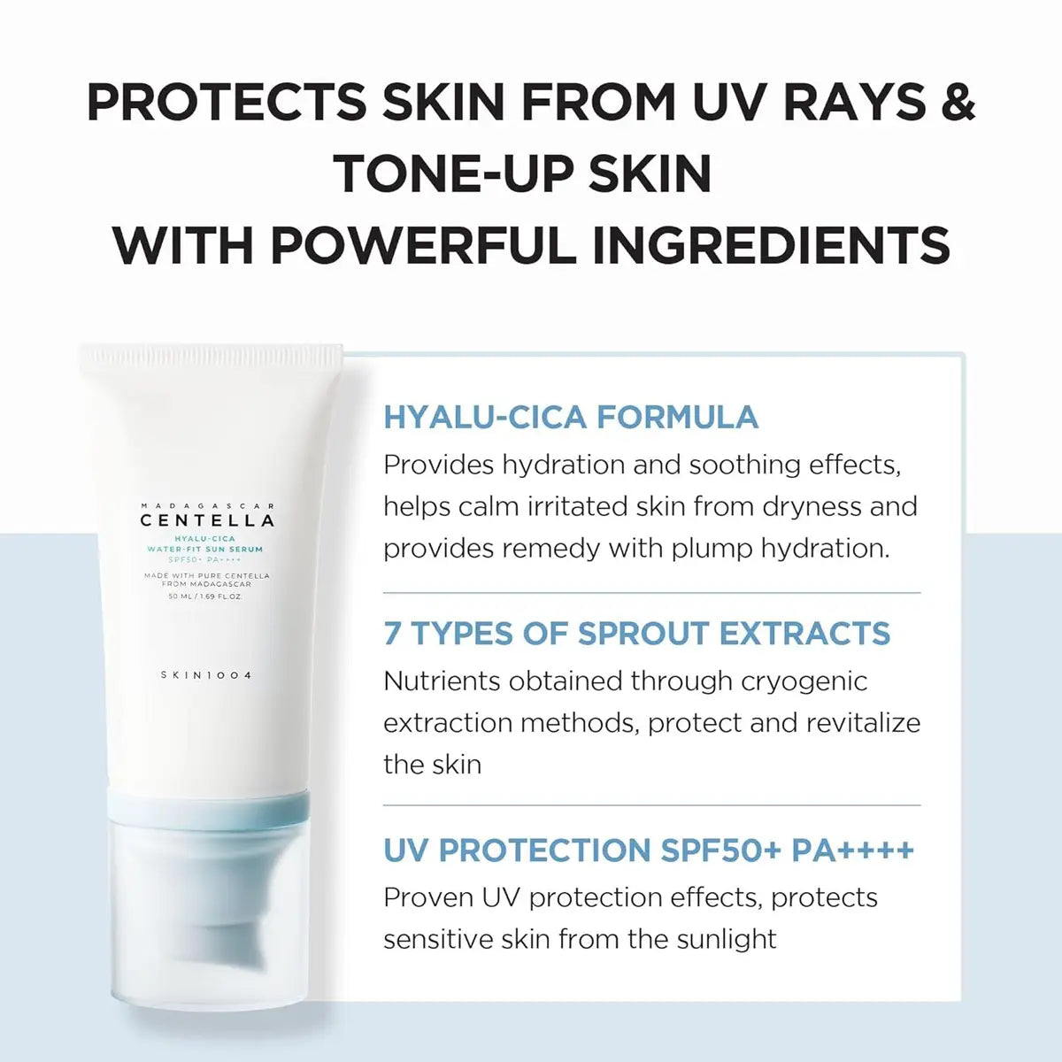 Product packaging with text highlighting UV protection and skin benefits on a light blue background